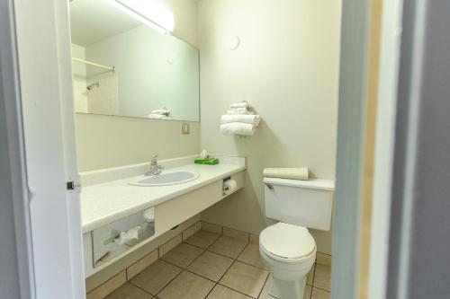 a bathroom with a toilet and a sink and a mirror at Canadas Best Value Inn Kelowna in Kelowna