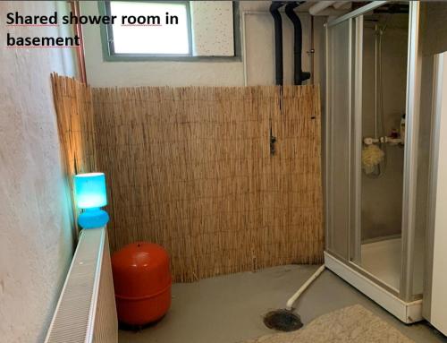 Habitación con baño con ducha de azulejos. en Sofia Lägenhetshotell, en Älmhult