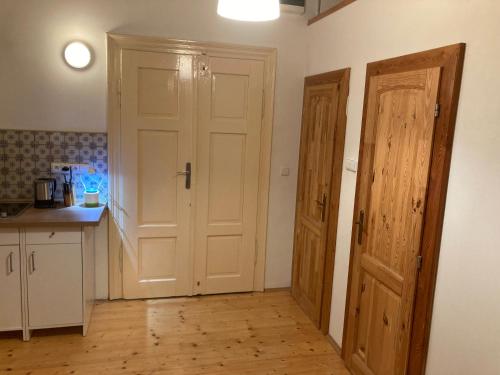 a kitchen with two wooden doors in a room at Apartment Žižkova 159, Terezín in Terezín