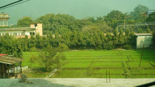 a field of grass with a house in the background at Hotel Hitam Rishikesh in Rishīkesh