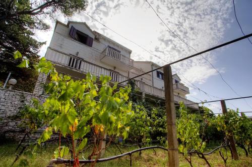 a building behind a fence with a tree at White house in the forest in Pučišća