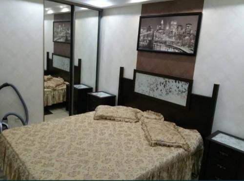 1 dormitorio con cama y espejo en Апартаменты Анжелика на Богоявленском проспекте en Mykolaiv