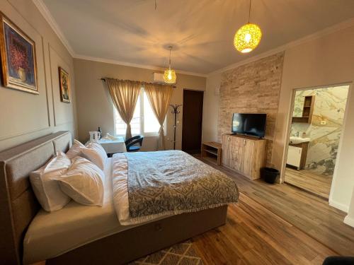a bedroom with a bed and a tv in a room at Elegant and cozy room ARAKS in Kostinbrod