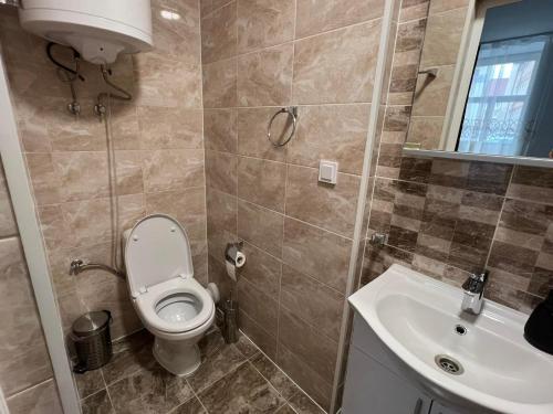 a bathroom with a toilet and a sink at Pension NV in Lutherstadt Eisleben