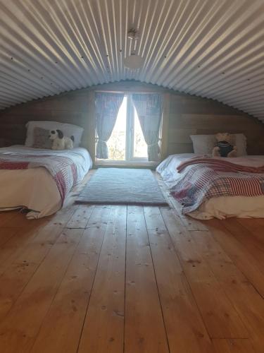 a room with two beds and a large window at Sallys Cabin in Kilcolgan