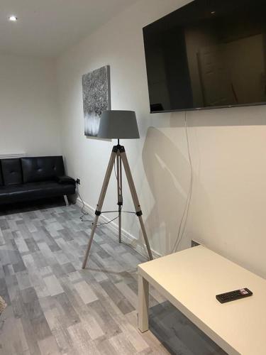 a room with a tripod lamp and a television at City Centre apartments in Liverpool