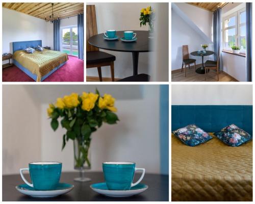 a collage of pictures of a room with a vase of yellow flowers at Gościniec Zielony Domek in Mrągowo