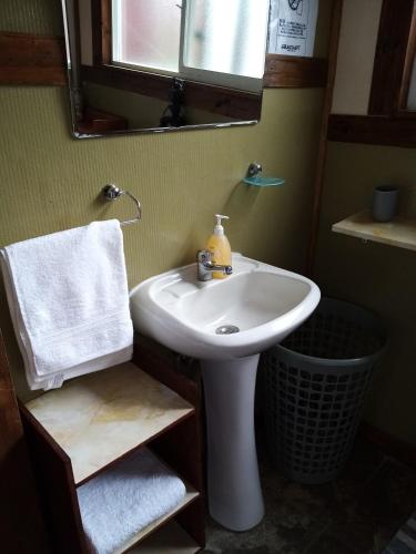a bathroom with a sink and a mirror at Cabañas Rincón de Ten Ten in Castro