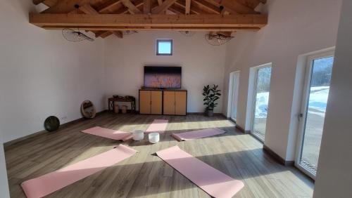 una habitación con un montón de esterillas de yoga rosas en Chalet Terejo & spa, en Ventron