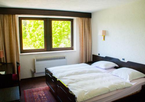 a bedroom with a large bed with a window at Hôtel Grand-Champ in Malmedy