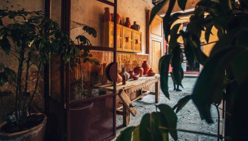 a room with a table with potted plants in it at LOtel-Casa Arca in San Miguel de Allende