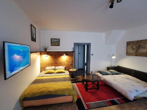 1 Schlafzimmer mit 2 Betten und einem TV an der Wand in der Unterkunft Un petit nid douillet ensolleillé à Bouxwiller centre in Bouxwiller