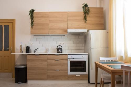 a kitchen with wooden cabinets and a white refrigerator at Niochori Heritage: The Pianist Suite in Rhodes Town