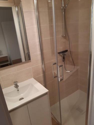une salle de bain avec douche et lavabo dans l'établissement Le Michel-Ange - Classé 2 étoiles, à Mers-les-Bains