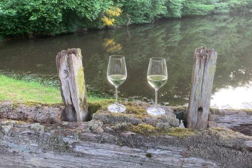 two glasses of white wine sitting on logs near a river at Ancient Mill with Beautiful Lake and Streams in Les Riffes