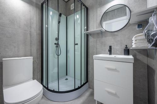 W łazience znajduje się prysznic, toaleta i umywalka. w obiekcie Darłowo Beach Houses w Darłówku