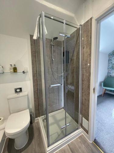 a bathroom with a toilet and a glass shower at Gordons in Cheddar