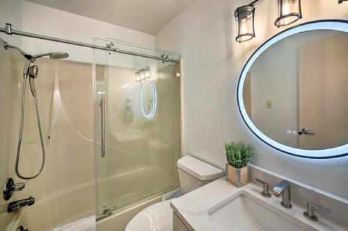 a bathroom with a shower and a sink and a mirror at Hot Springs Vacation Rental with Game Room! in Hot Springs