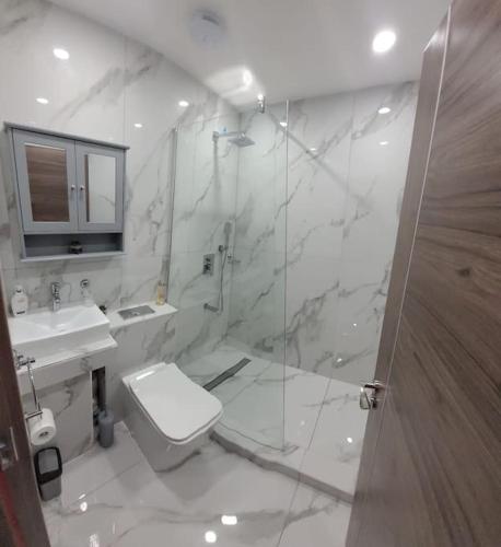 a bathroom with a toilet and a sink and a shower at Contemporary 1 Bed Apartment, In Central Buxton in Buxton
