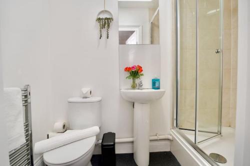 a bathroom with a toilet and a sink and a shower at Swan Studio Three - Coventry in Coventry