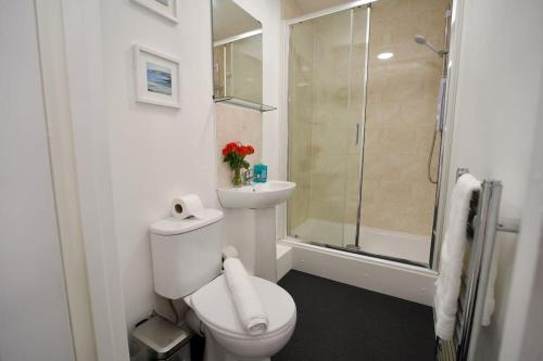 a white bathroom with a toilet and a shower at Swan Studio Eight - Coventry in Coventry