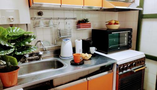 cocina con fregadero y microondas en DEPARTAMENTO San Jorge en Mendoza