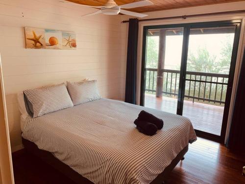 1 dormitorio con 1 cama grande y ventana grande en Beach house, Pet friendly large secure yard, Adjacent to beach, en Buddina