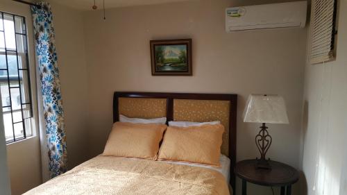 Jazz apartment في كرايست تشيرش: غرفة نوم بسرير وطاولة مع مصباح
