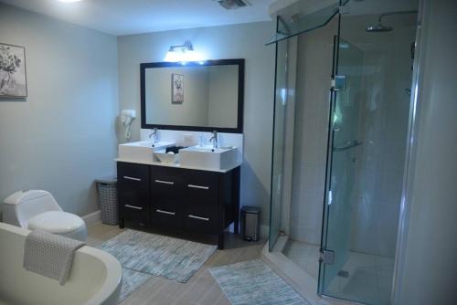 ein Bad mit einem Waschbecken, einer Dusche und einem Spiegel in der Unterkunft 3Bedroom Vacation Condo Resort 3 in Ocho Rios