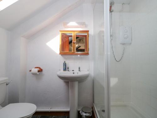a white bathroom with a sink and a shower at The Old Dairy in Bridport
