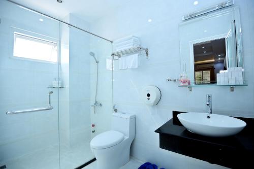 een badkamer met een toilet, een wastafel en een douche bij Hotel Thu Ha - Sân bay Tân Sơn Nhất in Ho Chi Minh-stad