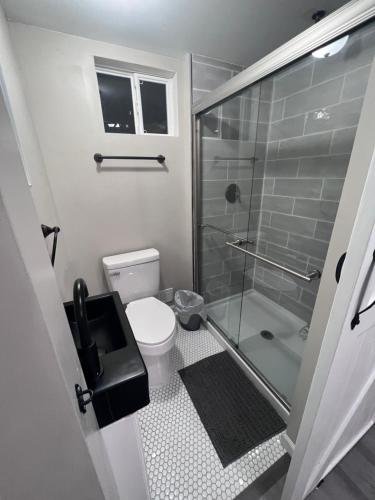 La salle de bains est pourvue de toilettes et d'une douche en verre. dans l'établissement LOVELY/ COZY HOUSE MIDDLETOWN, OH, à Middletown