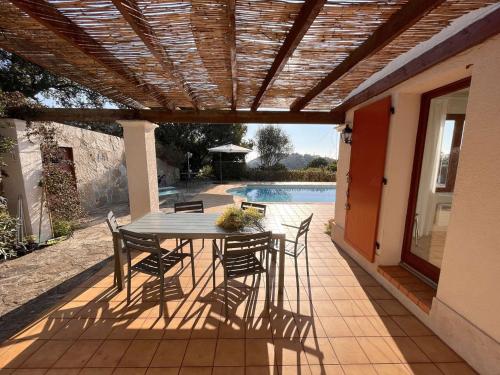 un patio avec une table et des chaises et une piscine dans l'établissement Maison climatisée 5 pièces avec piscine et jardin, 7 couchages - Cavalaire-sur-Mer - FR-1-226B-86, à Cavalaire-sur-Mer