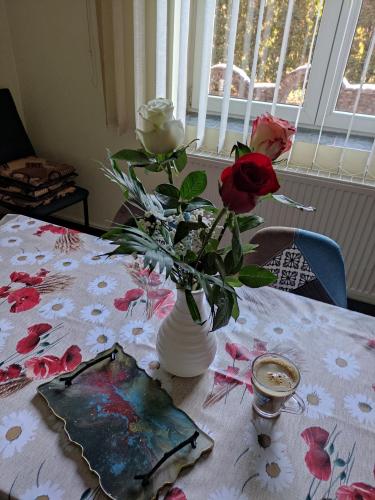 a vase with roses in it sitting on a table at Casa Rosa in Băile Olăneşti