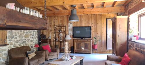 a living room with a tv and a couch and chairs at Villa Misanid écrin de verdure à 15mm de la cité de Carcassonne in Mas-des-Cours