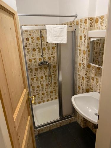 a bathroom with a shower and a sink at Apartments Steinwänd in Grünau im Almtal