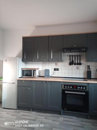a kitchen with blue cabinets and a microwave and a refrigerator at Ferienwohnung Cillien in Dudeldorf