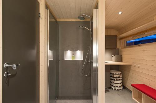 フラにあるSørbølhytta - cabin in Flå with design interior and climbing wall for the kidsのバスルーム(ガラスドア付きのシャワー付)