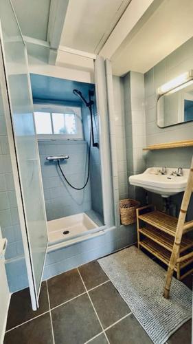 La petite salle de bains est pourvue d'une douche et d'un lavabo. dans l'établissement Saint Norgard - hameau breton, à Crozon