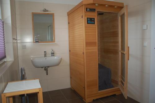 a small bathroom with a sink and a shower at Behagliches Ferienhaus Zaunkönig -mit Kamin und Sauna in Tanne