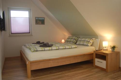 a bedroom with a bed and a window at Behagliches Ferienhaus Zaunkönig -mit Kamin und Sauna- Blick über das romantische Bodetal in Tanne
