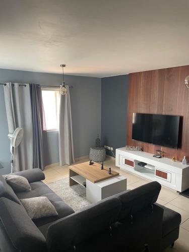 un salon avec un canapé et une télévision à écran plat dans l'établissement Appartement t3 rdc, à Saint-Denis