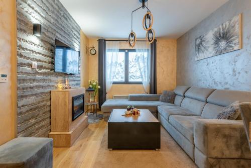 a living room with a couch and a tv at Happy Dreams Spa Zlatibor in Zlatibor