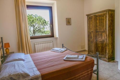 um quarto com uma cama com duas toalhas em Agriturismo Baia degli Ulivi em Massa Marittima