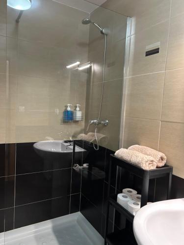 a bathroom with a glass shower and a sink at alojamientosteruelmarqueses La Marquesita in Teruel