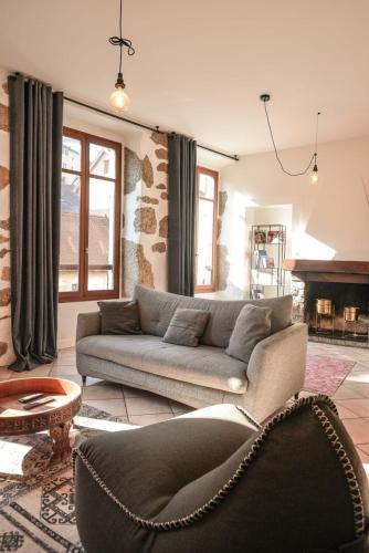 un salon avec un canapé et une chaise dans l'établissement L'Appart' du 10 - T3 4 downtown Annecy with canal view, à Annecy