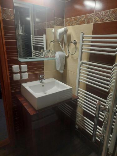 a bathroom with a white sink and a mirror at Penzion Country Steak Restaurant in Lanškroun