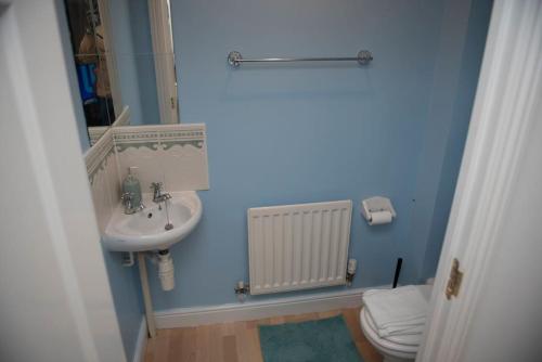 La salle de bains bleue est pourvue d'un lavabo et de toilettes. dans l'établissement Charming 3 Bed House in Bristol, à Bristol