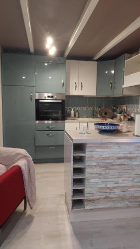 une cuisine avec des placards verts et un comptoir dans l'établissement belle Chambre avec sa salle de bain privée, à Marseillan