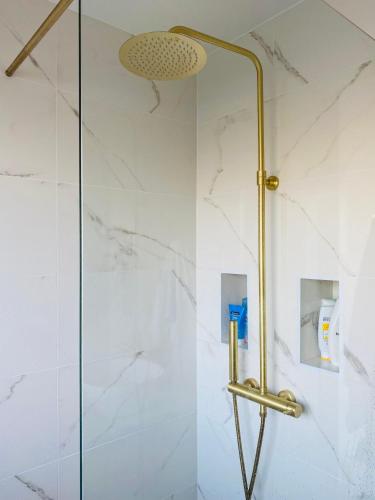 une douche avec une porte vitrée dans une salle de bain dans l'établissement Superbe Appartement Familial 